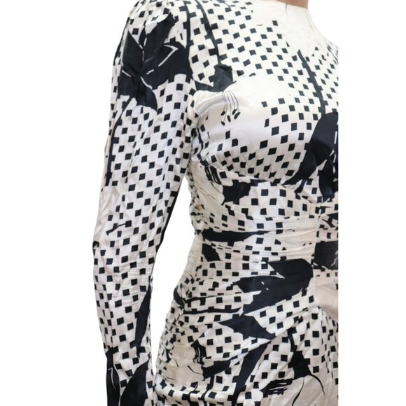 LESLIE RUBIN 50s Style Statement Black & White Floral Silk Midi Dress 4 - Picture 9 of 14